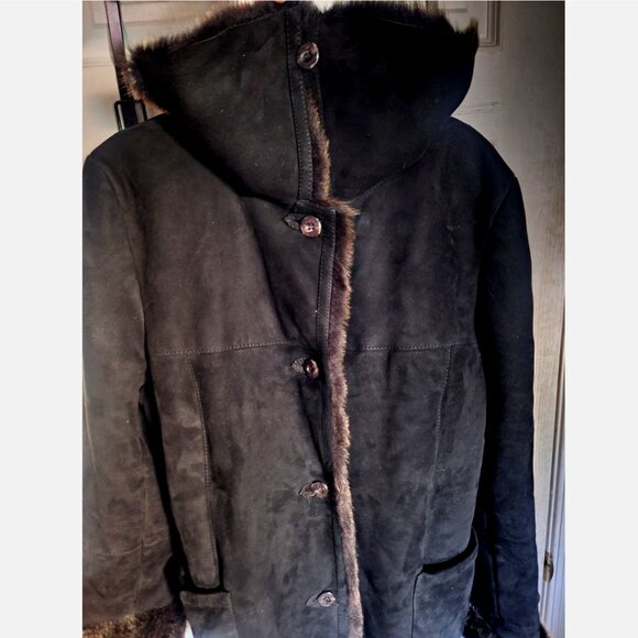 Shearling Sheepskin Wool Fur Coat Jacket Black Women L 40 Overcoat Pea Coat - Picture 8 of 15